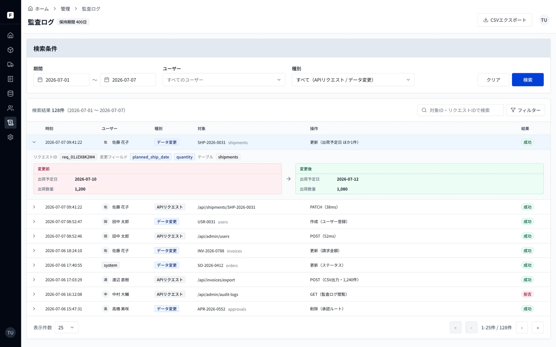 監査ログ画面のイメージ。検索条件と、変更前・変更後の差分を展開表示したログテーブル